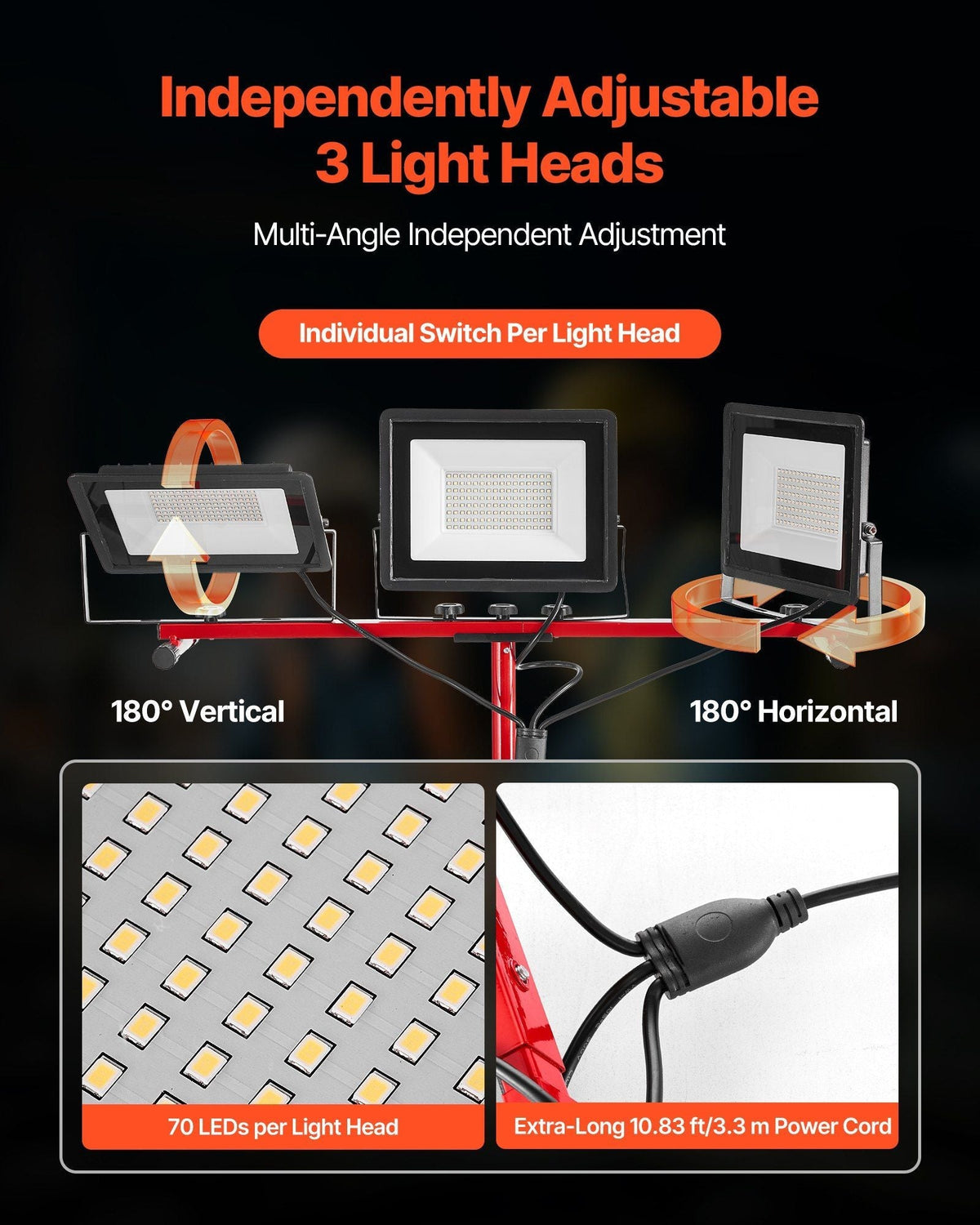 LED Work Light with Stand 15000 Lumens Three-Head Portable Light