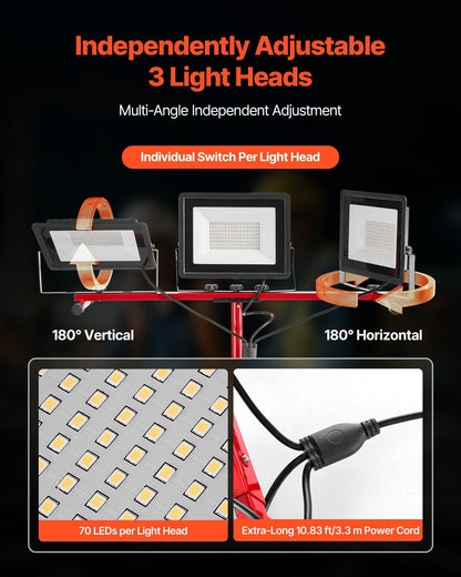 LED Work Light with Stand 15000 Lumens Three-Head Portable Light