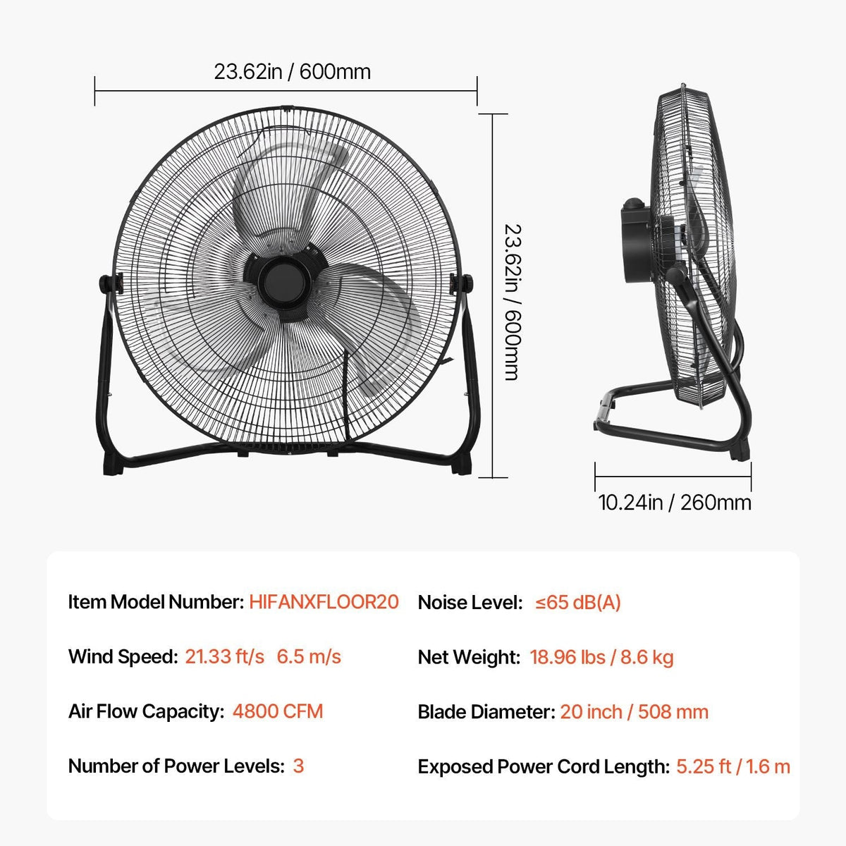 3 Speed High Velocity Heavy Duty 20 Inch Industrial Fan 4800 CFM Airflow Large Metal Fan