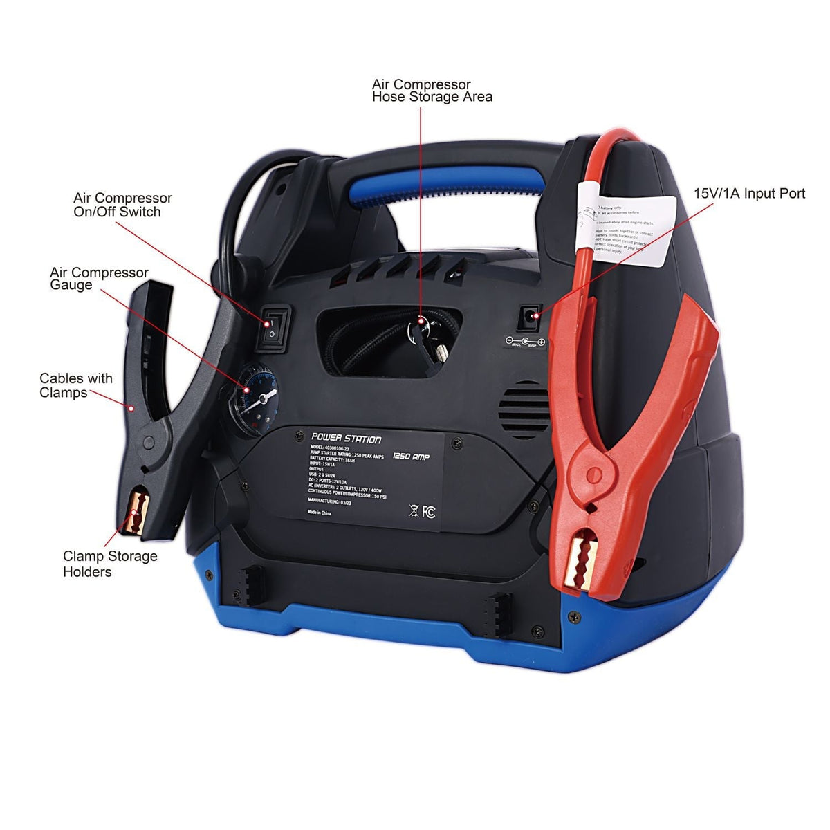Rechargeable Jump Starter for Gas Diesel Vehicles 1800 Amps with Air Compressor and Power Bank