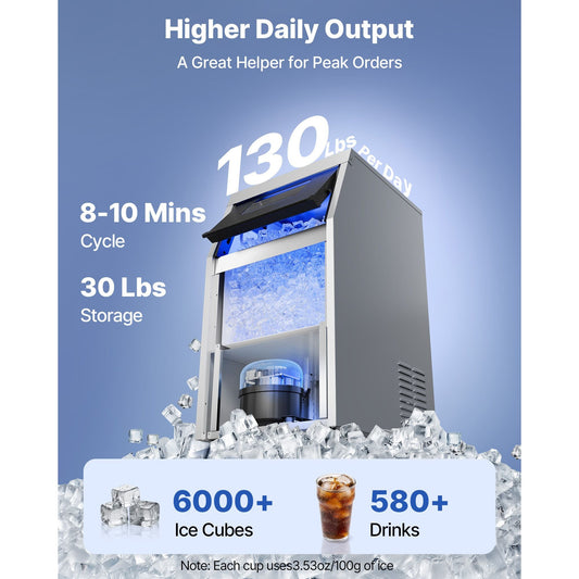 Commercial Ice Maker Machine 130lbs/24h with 30 lbs Storage Capacity Freestanding & Under Counter Ice Maker