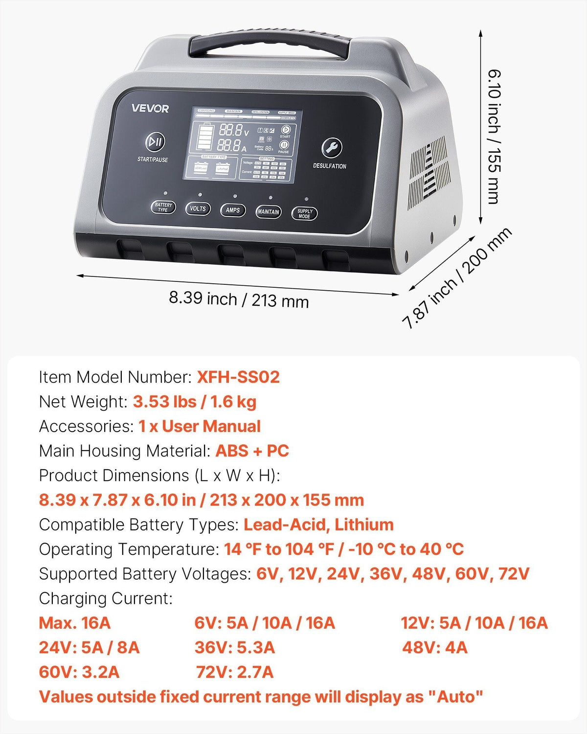 Smart Battery Charger, 16A, 6V-72V Lithium LiFePO4 Lead-Acid (Gel/AGM) Car Battery Charger