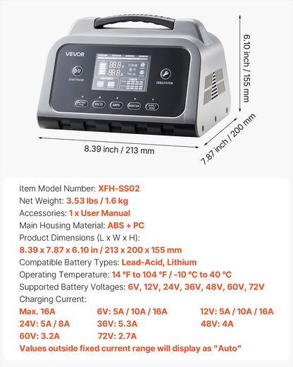 Smart Battery Charger, 16A, 6V-72V Lithium LiFePO4 Lead-Acid (Gel/AGM) Car Battery Charger