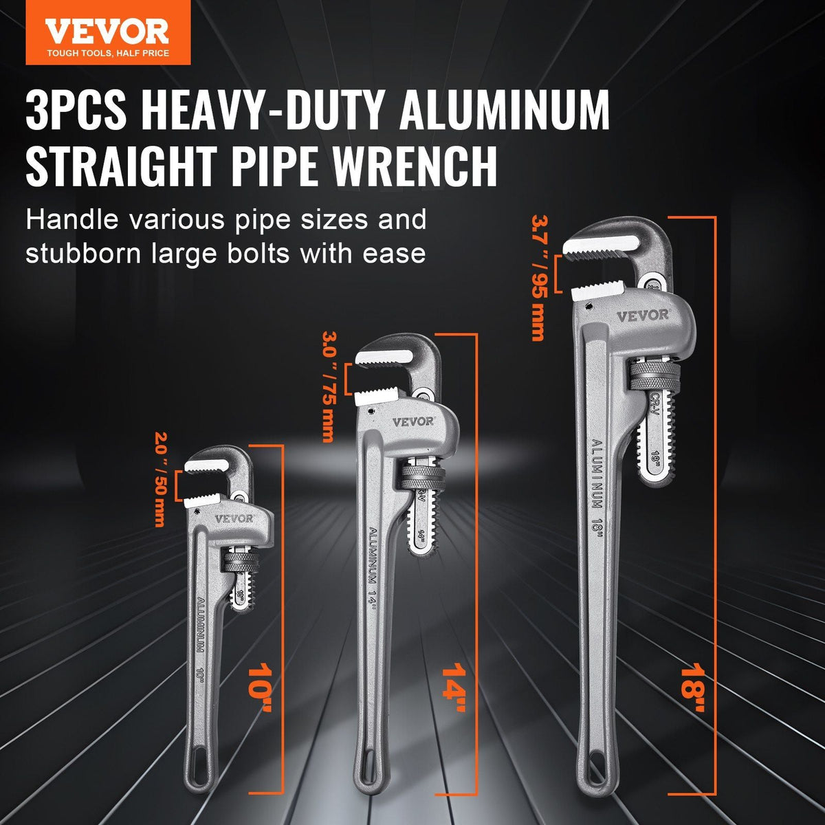 3-Piece Pipe Wrench Set 10" 14" 18" Aluminum Pipe Wrench
