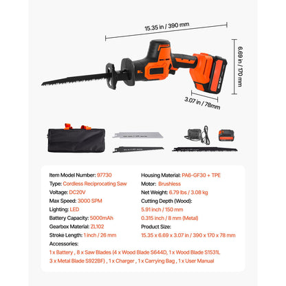 Cordless Reciprocating Saw 20V Variable Speed Saw with Battery Charger 8 Blades and Carrying Bag