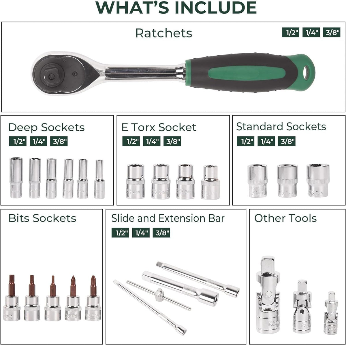 151pcs Socket and Drive Tool Set 1/2" 1/4" 3/8" Metric