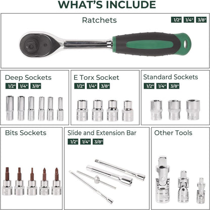 151pcs Socket and Drive Tool Set 1/2" 1/4" 3/8" Metric