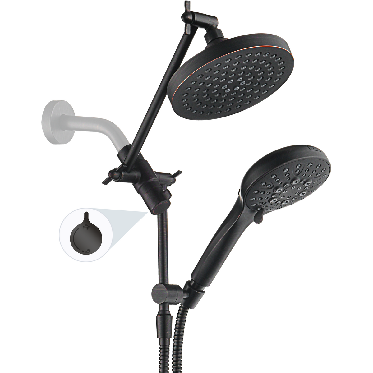 Dual Shower Head with Adjustable Extension Arm, 3-Way Diverter and Hose