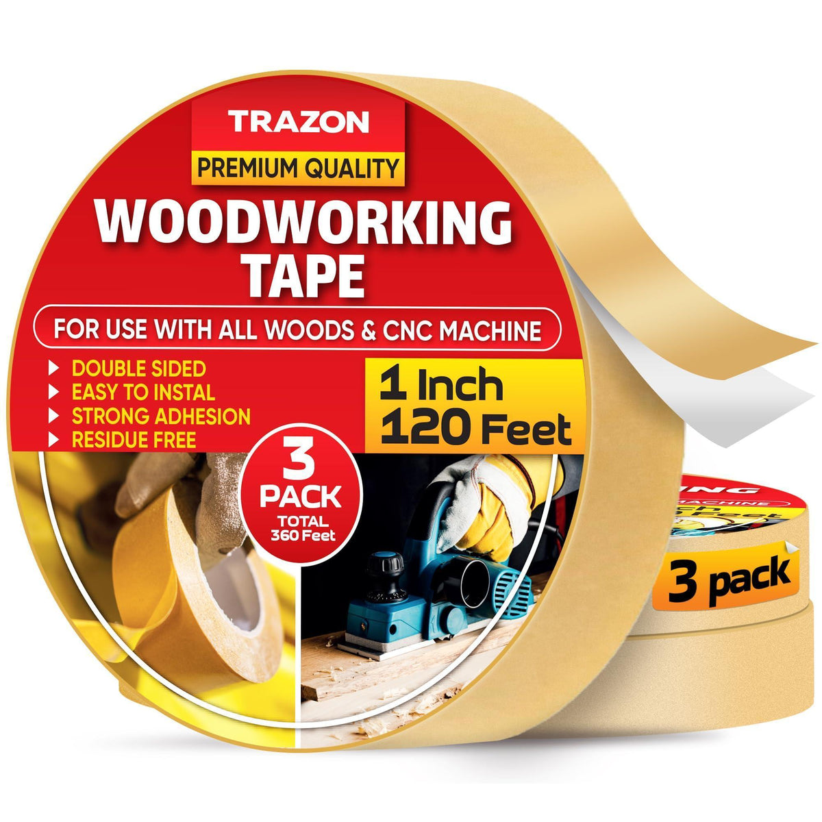 Double Sided Woodworking Tape 3 Pack 1 Inch x 120 Ft Wood Crafter Sticky Tool Two Side Adhesive for Router Templates Removable & Residue Free