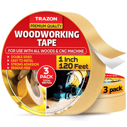 Double Sided Woodworking Tape 3 Pack 1 Inch x 120 Ft Wood Crafter Sticky Tool Two Side Adhesive for Router Templates Removable & Residue Free