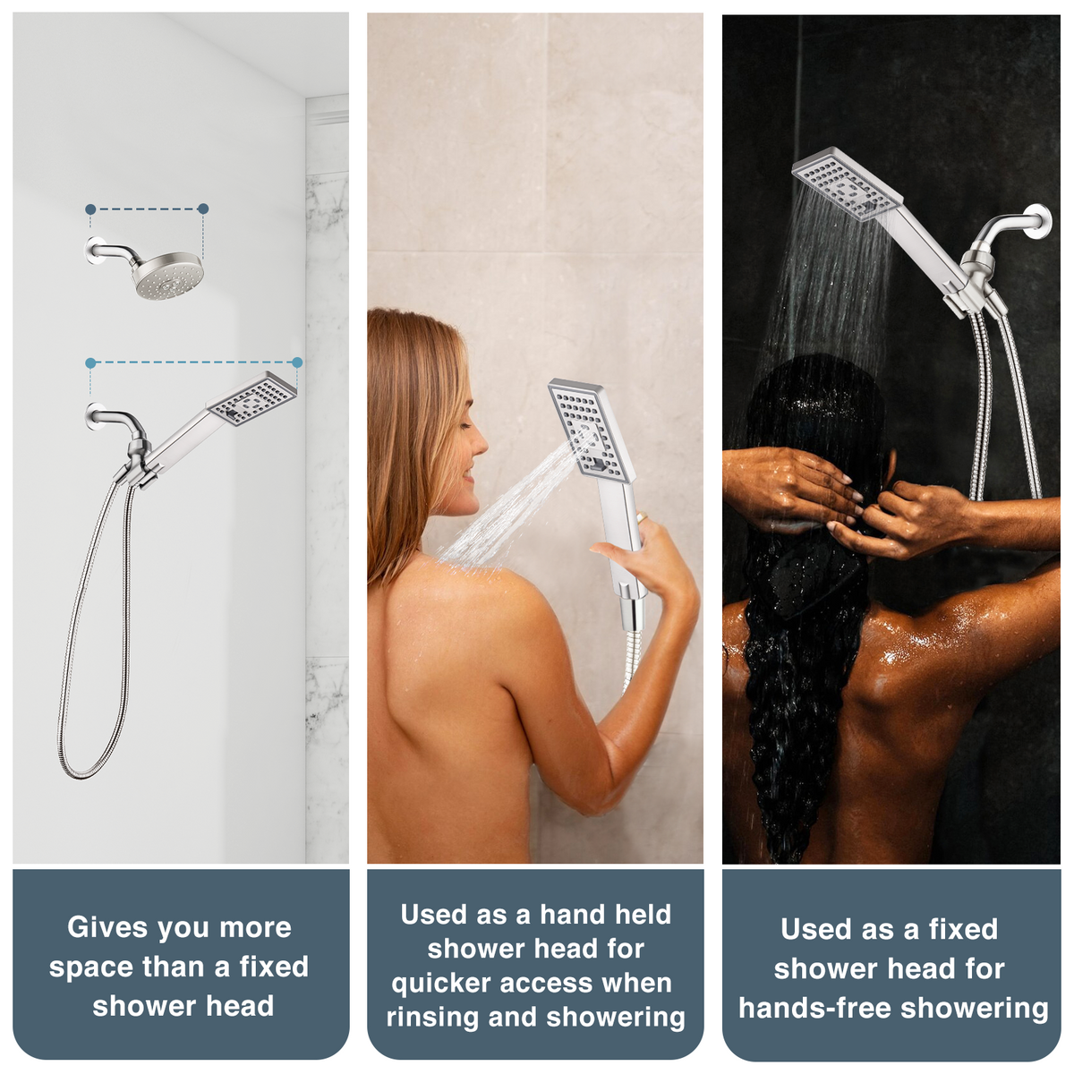 Square 3-Spray Handheld Shower Head Set with Hose and Shower Arm Mount Bracket