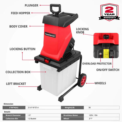 15Amp Electric Wood Chipper Leaf Mulcher w/ Collection Bin PS12A