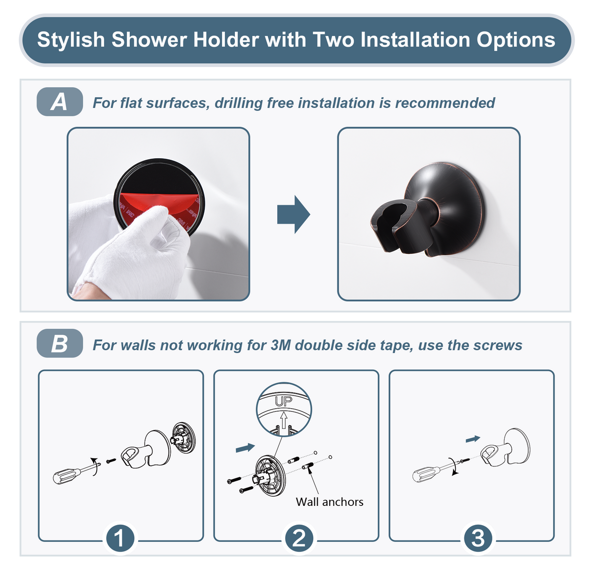Adhesive Shower Head Holder for Handheld Shower Heads, Drill-Free Wall Mount Bracket