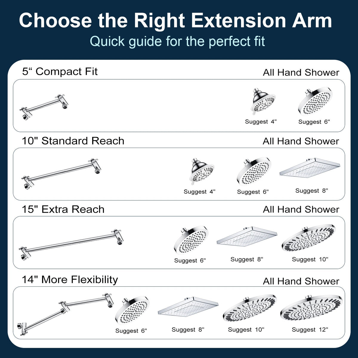 Solid Brass Shower Arm Extension, Adjustable Height & Angle, 5", 10", 14" & 15" Options