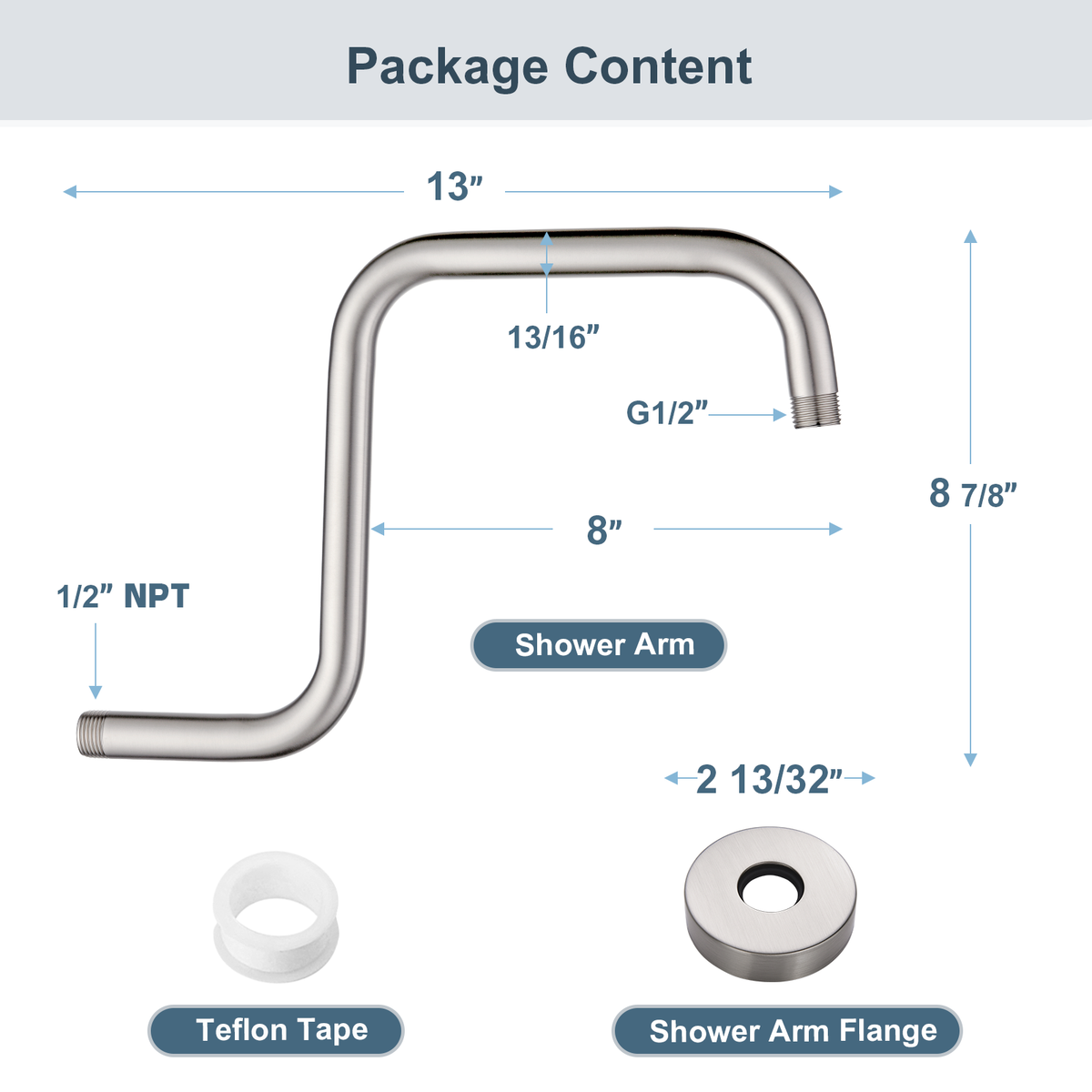13-Inch S-Shaped Shower Arm Extension for Rainfall Shower Heads