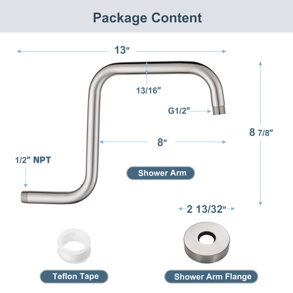 13-Inch S-Shaped Shower Arm Extension for Rainfall Shower Heads