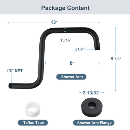13-Inch S-Shaped Shower Arm Extension for Rainfall Shower Heads