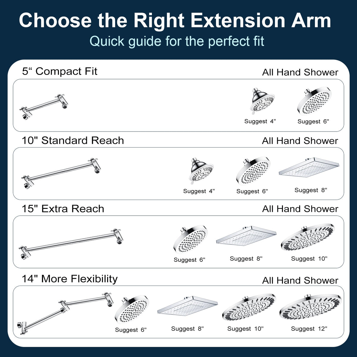 Solid Brass Shower Arm Extension, Adjustable Height & Angle, 5", 10", 14" & 15" Options