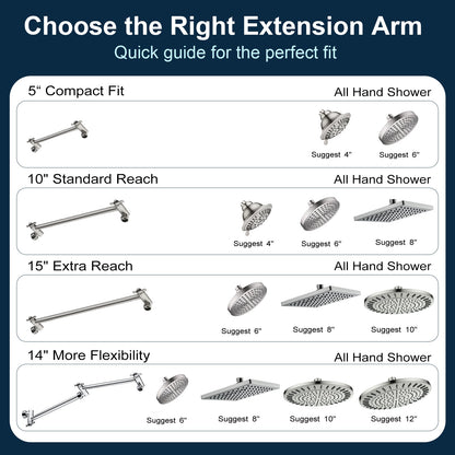 Solid Brass Shower Arm Extension, Adjustable Height & Angle, 5", 10", 14" & 15" Options