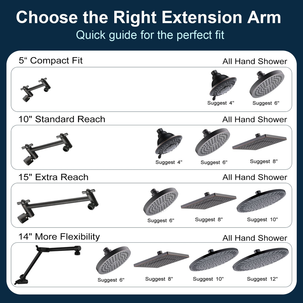 Solid Brass Shower Arm Extension, Adjustable Height & Angle, 5", 10", 14" & 15" Options