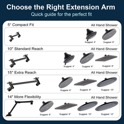 Solid Brass Shower Arm Extension, Adjustable Height & Angle, 5", 10", 14" & 15" Options
