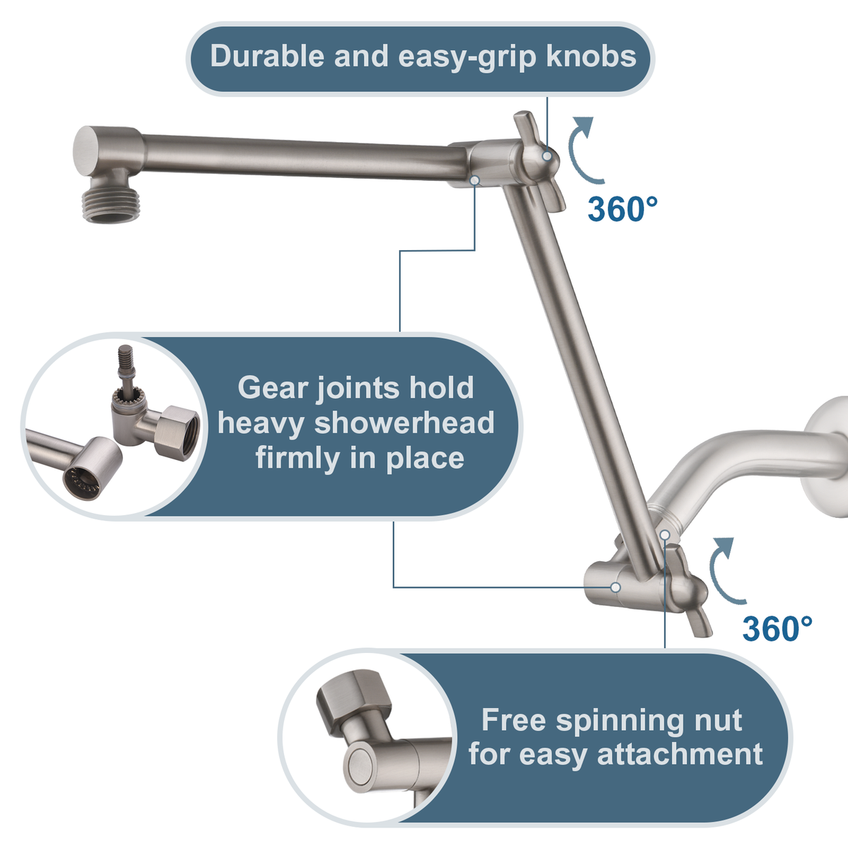 Solid Brass Shower Arm Extension, Adjustable Height & Angle, 5", 10", 14" & 15" Options