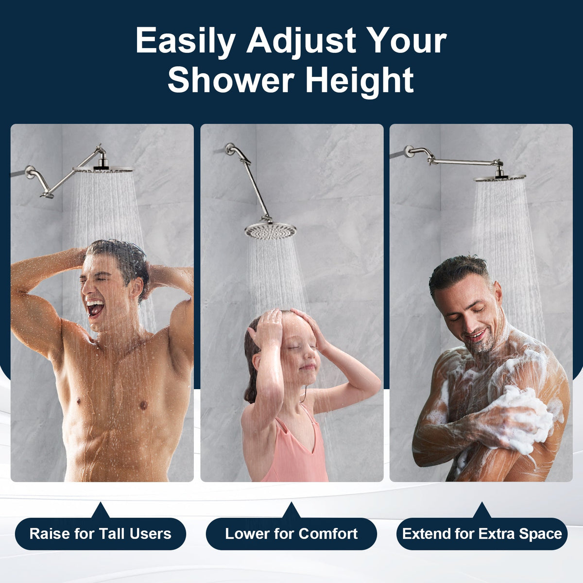 Solid Brass Shower Arm Extension, Adjustable Height & Angle, 5", 10", 14" & 15" Options