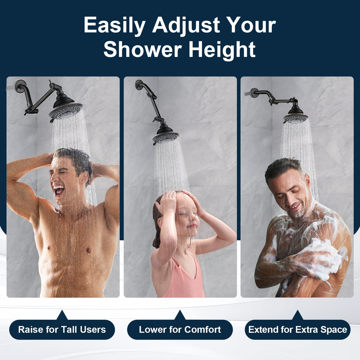 Solid Brass Shower Arm Extension, Adjustable Height & Angle, 5", 10", 14" & 15" Options