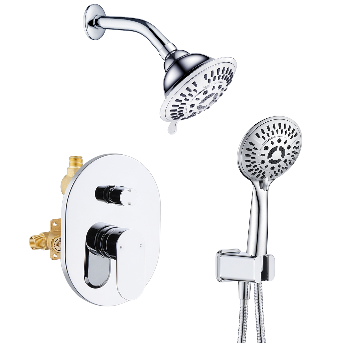 Dual Shower Head With High Rise Arm- Shower System with Valve and Trim Kit