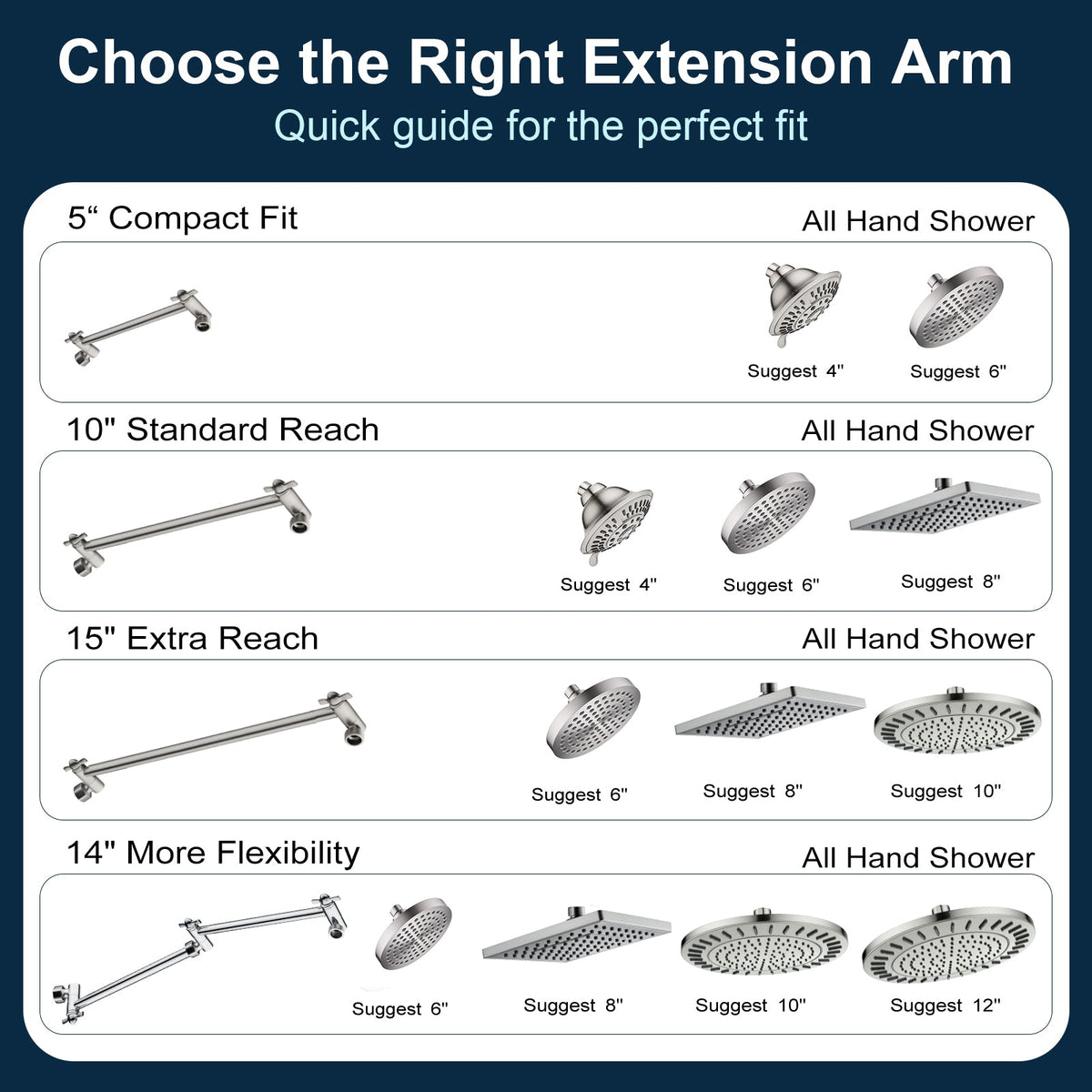 Solid Brass Shower Arm Extension, Adjustable Height & Angle, 5", 10", 14" & 15" Options