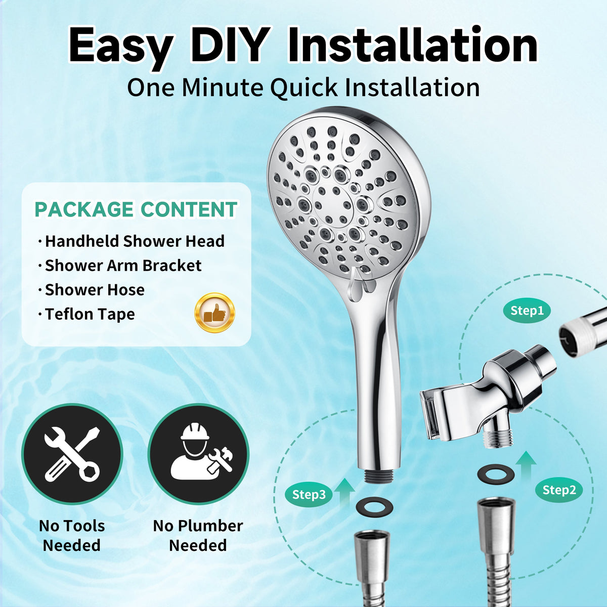 Handheld Shower Head, 9-Spray Showerhead with 69" Hose, Bracket