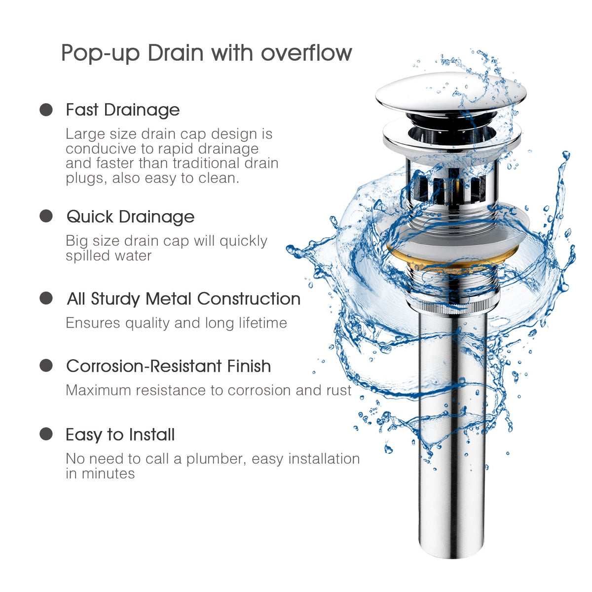 Bathroom Sink Drain with Overflow Pop-Up Drain Stopper for Vessel Sink Lavatory